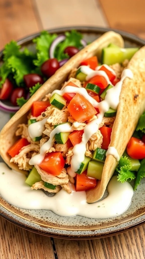 Stuffed pita bread filled with chicken, lettuce, tomatoes, and cucumbers on a plate.